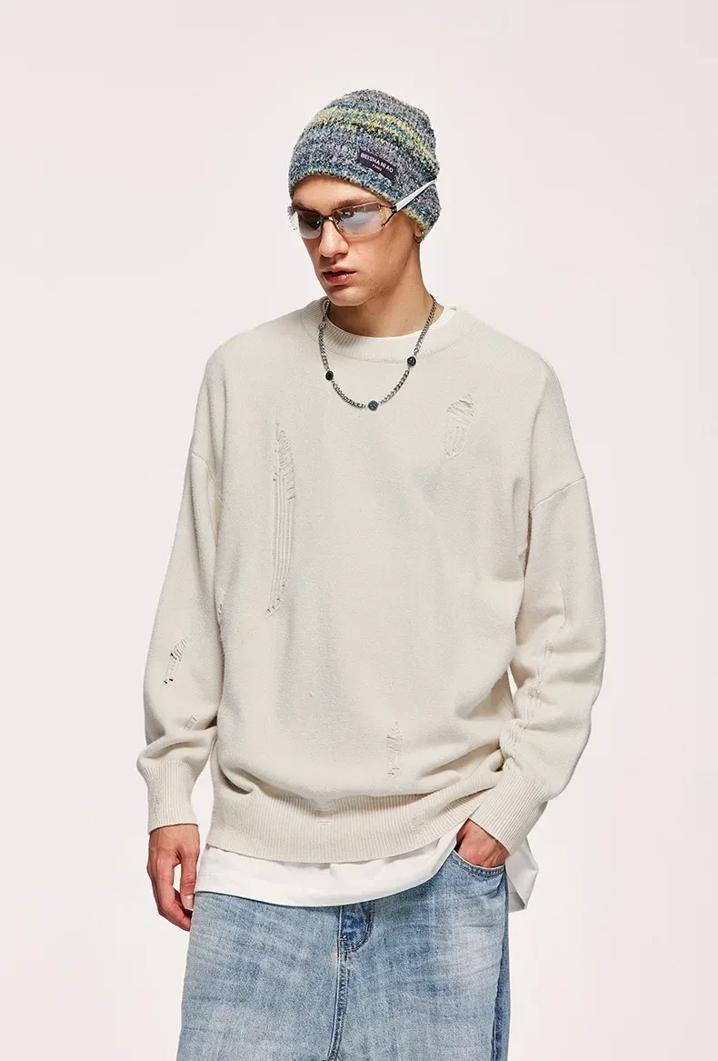 INF Men's Wear | Small And Middle School Plus 32 Core-spun Yarn Tide Brand High Street Hole Loose Thin Solid Color Sweater Men display picture 7