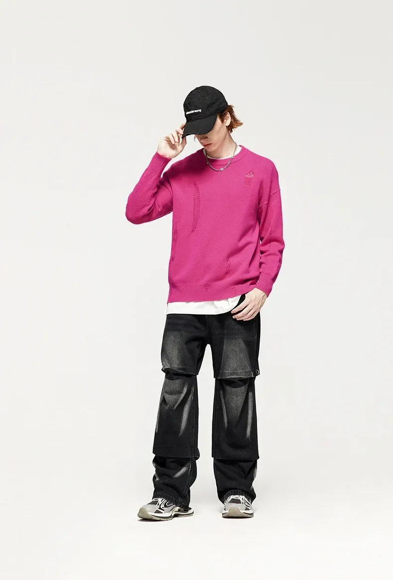 INF Men's Wear | Small And Middle School Plus 32 Core-spun Yarn Tide Brand High Street Hole Loose Thin Solid Color Sweater Men display picture 8
