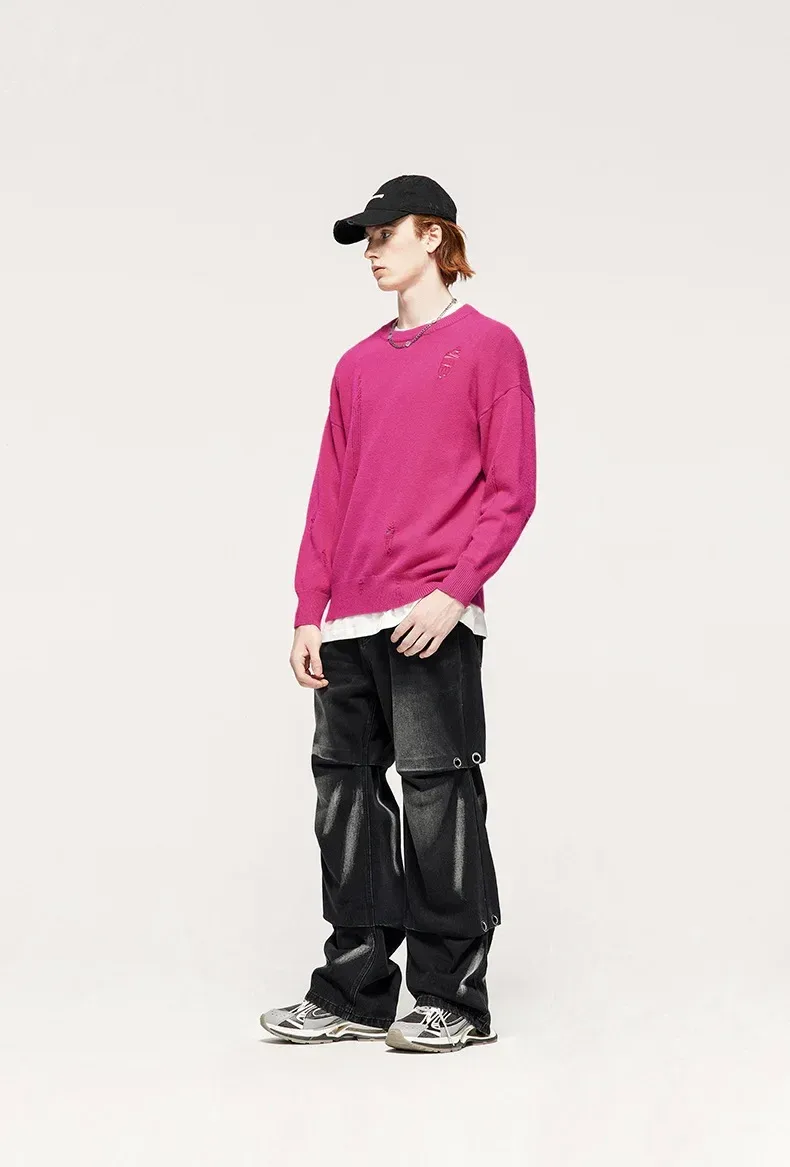 INF Men's Wear | Small And Middle School Plus 32 Core-spun Yarn Tide Brand High Street Hole Loose Thin Solid Color Sweater Men display picture 10