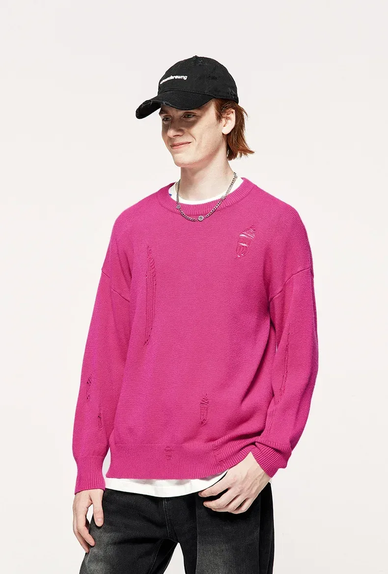 INF Men's Wear | Small And Middle School Plus 32 Core-spun Yarn Tide Brand High Street Hole Loose Thin Solid Color Sweater Men display picture 11