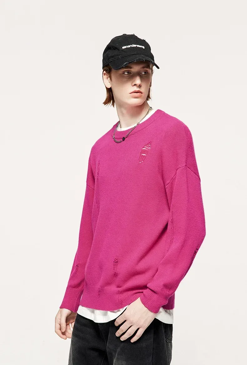 INF Men's Wear | Small And Middle School Plus 32 Core-spun Yarn Tide Brand High Street Hole Loose Thin Solid Color Sweater Men display picture 12