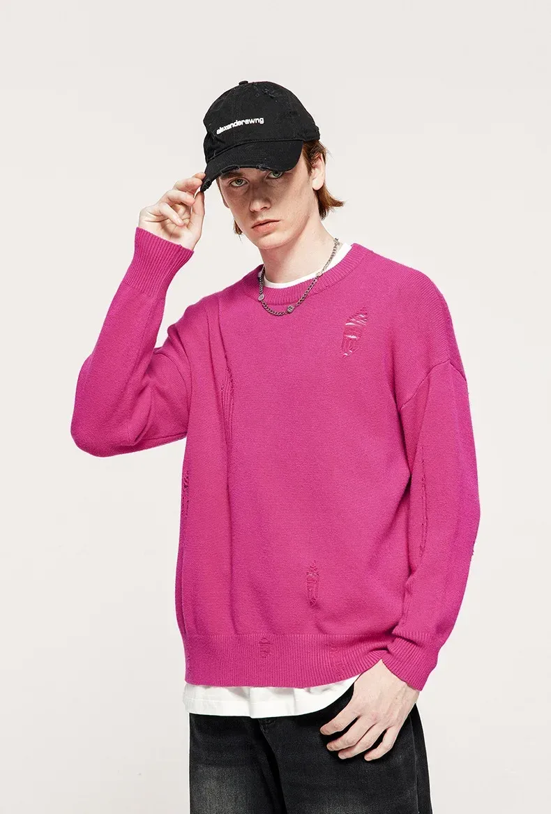 INF Men's Wear | Small And Middle School Plus 32 Core-spun Yarn Tide Brand High Street Hole Loose Thin Solid Color Sweater Men display picture 13