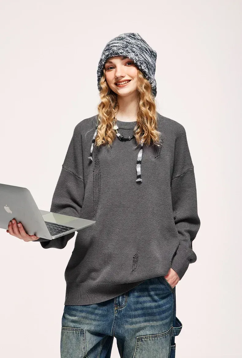 INF Men's Wear | Small And Middle School Plus 32 Core-spun Yarn Tide Brand High Street Hole Loose Thin Solid Color Sweater Men display picture 15