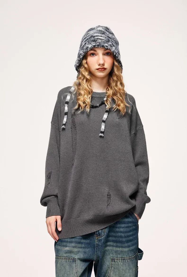 INF Men's Wear | Small And Middle School Plus 32 Core-spun Yarn Tide Brand High Street Hole Loose Thin Solid Color Sweater Men display picture 16