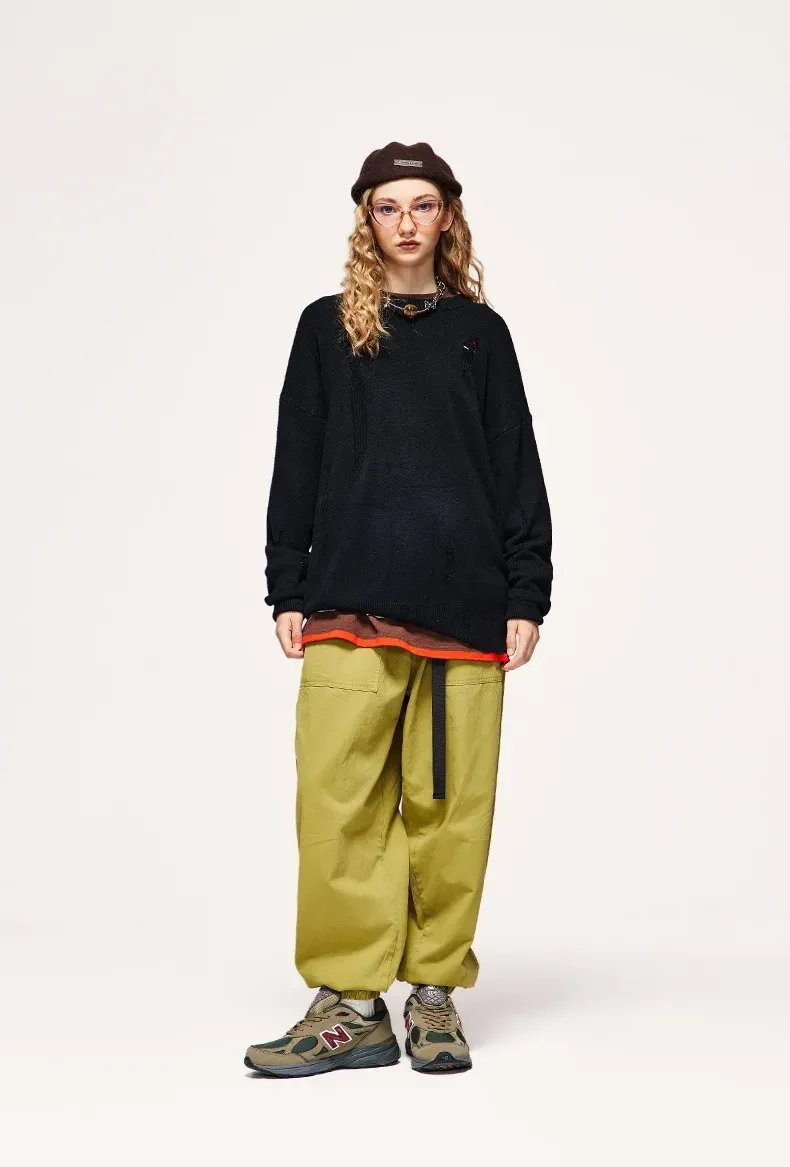 INF Men's Wear | Small And Middle School Plus 32 Core-spun Yarn Tide Brand High Street Hole Loose Thin Solid Color Sweater Men display picture 17