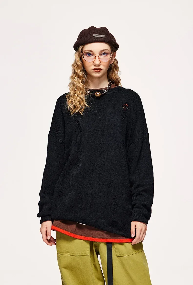 INF Men's Wear | Small And Middle School Plus 32 Core-spun Yarn Tide Brand High Street Hole Loose Thin Solid Color Sweater Men display picture 19