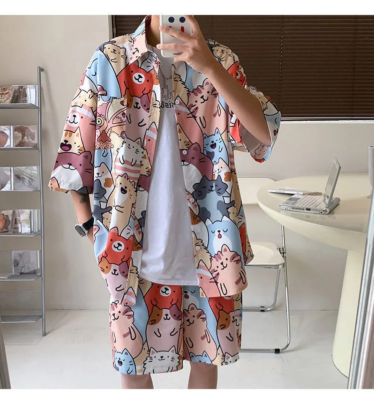 Casual Beach Suit Men's Summer Thin Loose Handsome Seaside Clothes Hawaiian Shorts Flower Shirt Two-piece Pack display picture 2