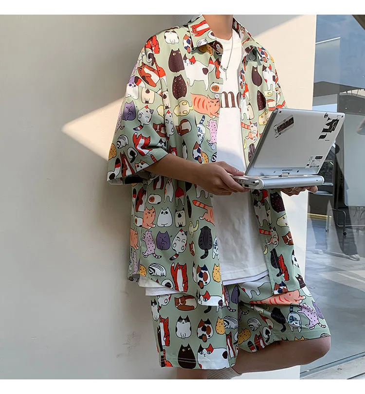 Casual Beach Suit Men's Summer Thin Loose Handsome Seaside Clothes Hawaiian Shorts Flower Shirt Two-piece Pack display picture 3