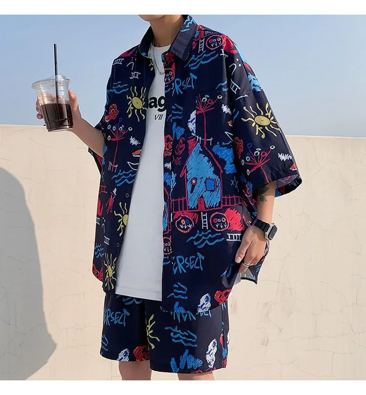 Casual Beach Suit Men's Summer Thin Loose Handsome Seaside Clothes Hawaiian Shorts Flower Shirt Two-piece Pack display picture 4