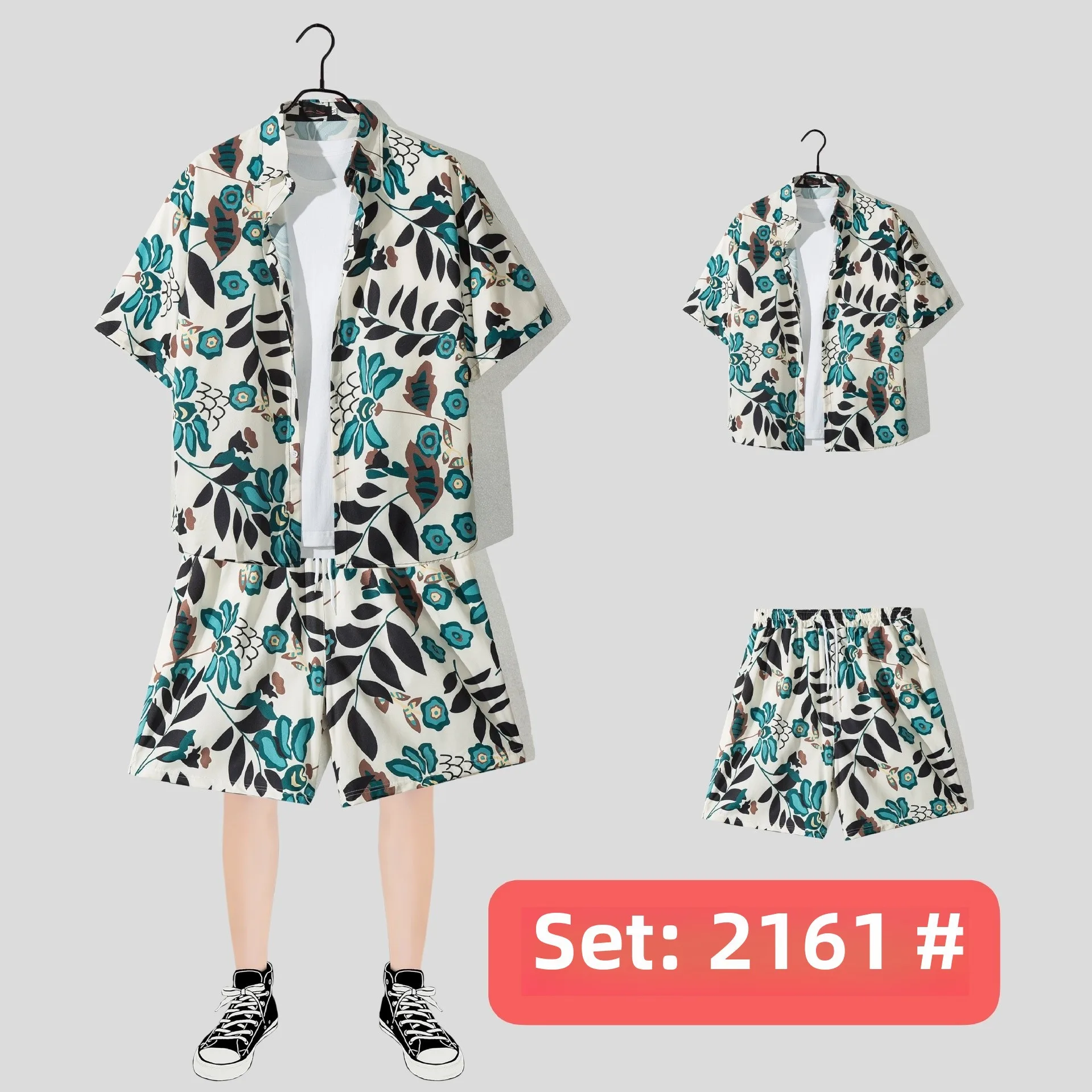 Casual Beach Suit Men's Summer Thin Loose Handsome Seaside Clothes Hawaiian Shorts Flower Shirt Two-piece Pack display picture 6