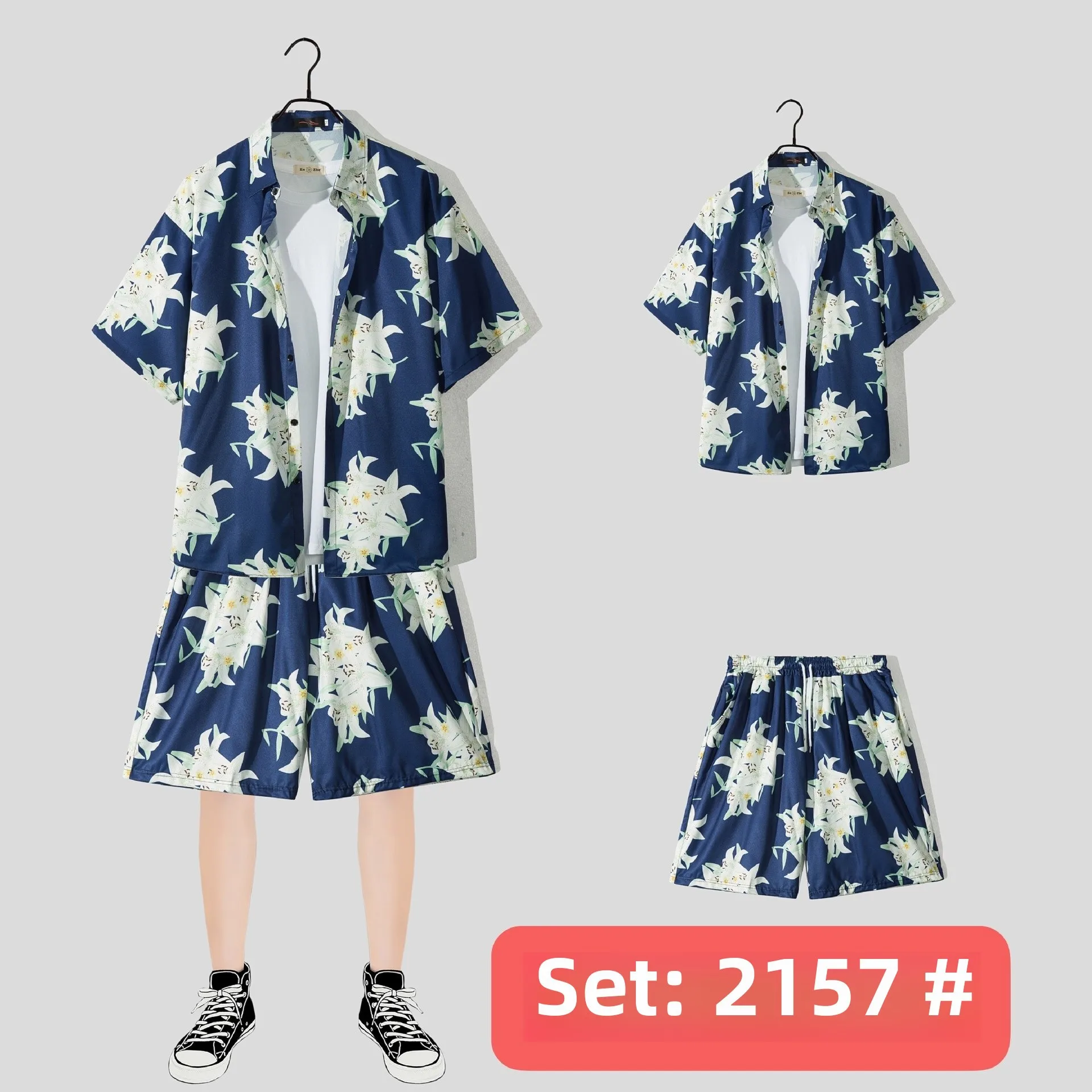 Casual Beach Suit Men's Summer Thin Loose Handsome Seaside Clothes Hawaiian Shorts Flower Shirt Two-piece Pack display picture 11