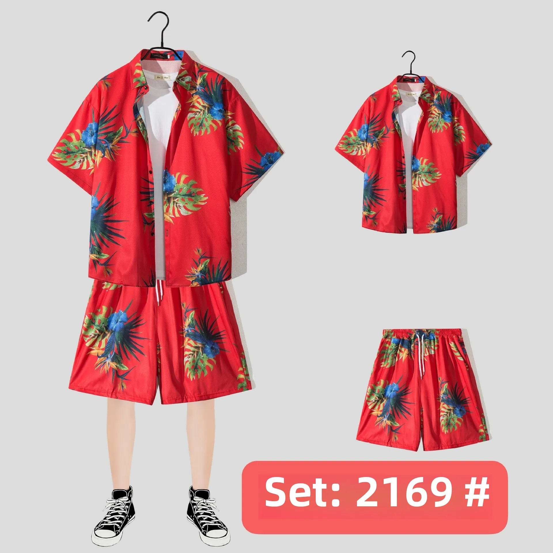 Casual Beach Suit Men's Summer Thin Loose Handsome Seaside Clothes Hawaiian Shorts Flower Shirt Two-piece Pack display picture 14