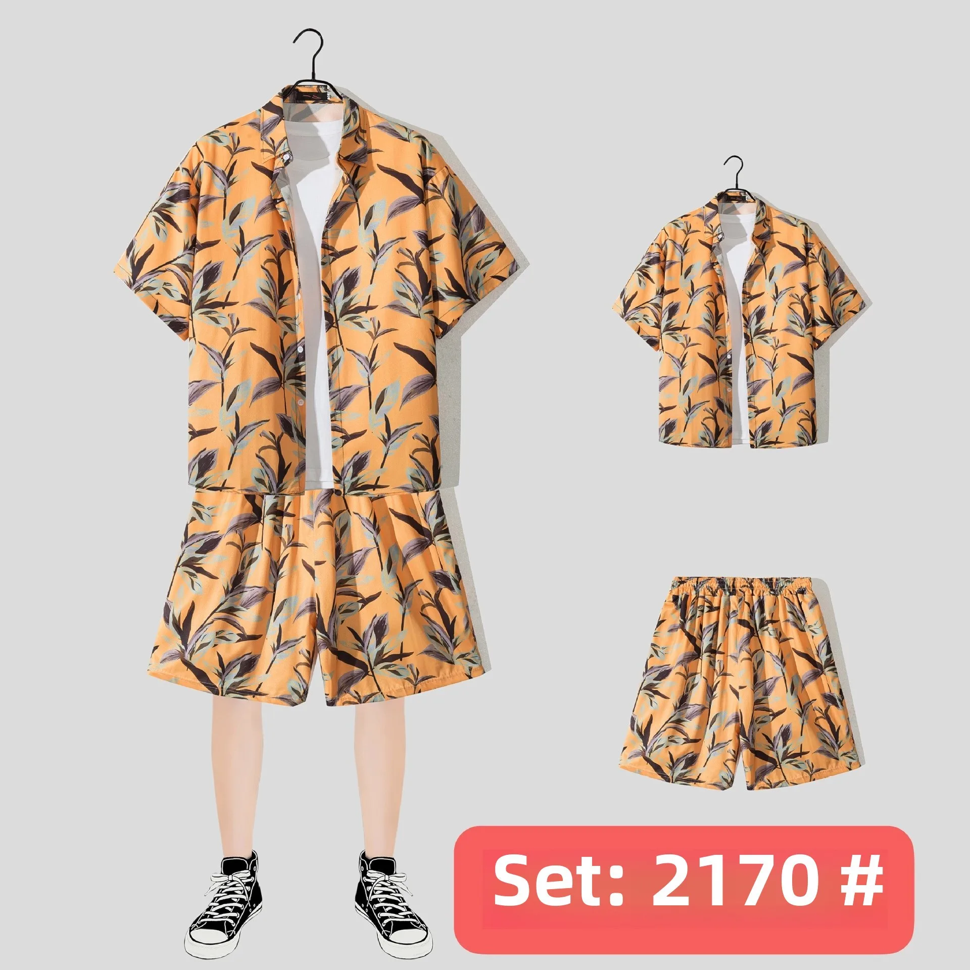 Casual Beach Suit Men's Summer Thin Loose Handsome Seaside Clothes Hawaiian Shorts Flower Shirt Two-piece Pack display picture 15