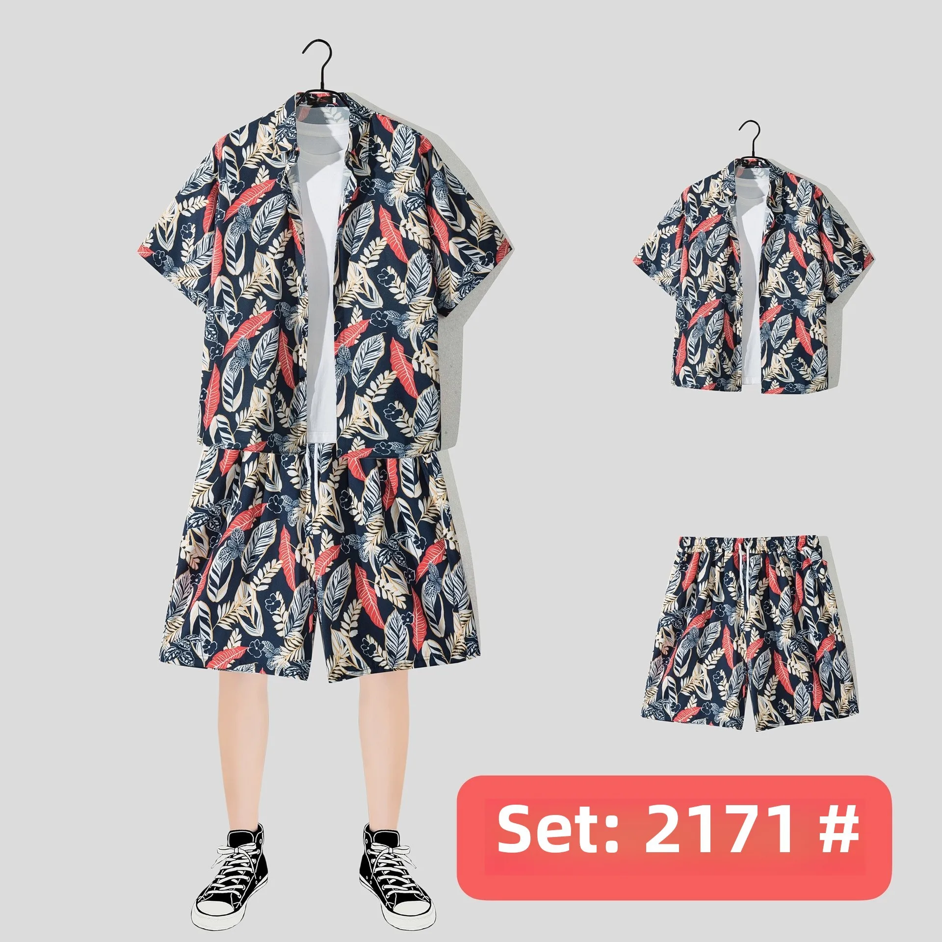 Casual Beach Suit Men's Summer Thin Loose Handsome Seaside Clothes Hawaiian Shorts Flower Shirt Two-piece Pack display picture 16