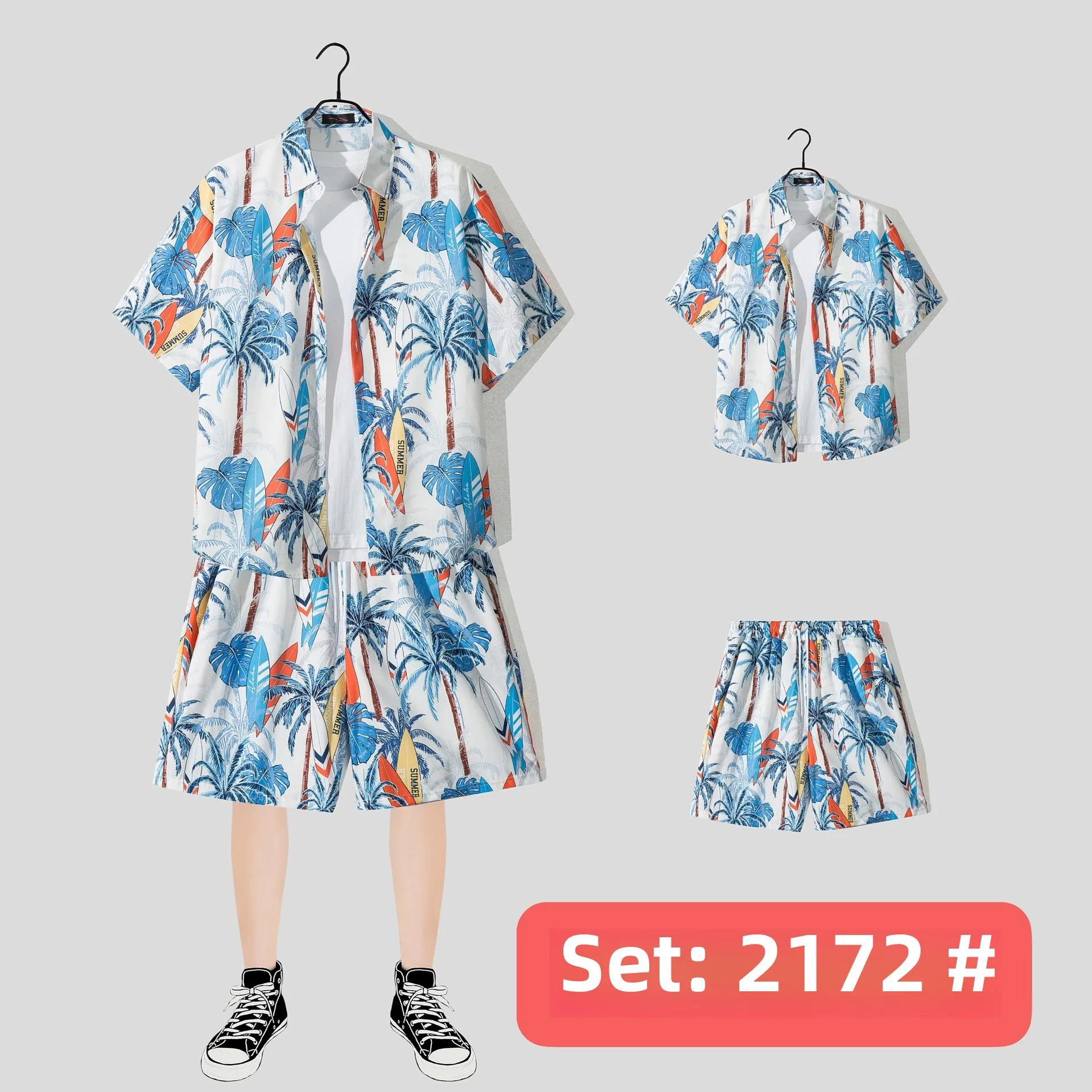Casual Beach Suit Men's Summer Thin Loose Handsome Seaside Clothes Hawaiian Shorts Flower Shirt Two-piece Pack display picture 19