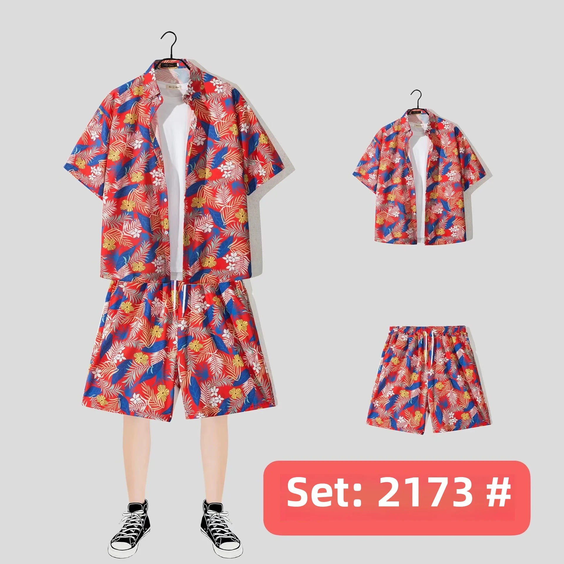 Casual Beach Suit Men's Summer Thin Loose Handsome Seaside Clothes Hawaiian Shorts Flower Shirt Two-piece Pack display picture 20