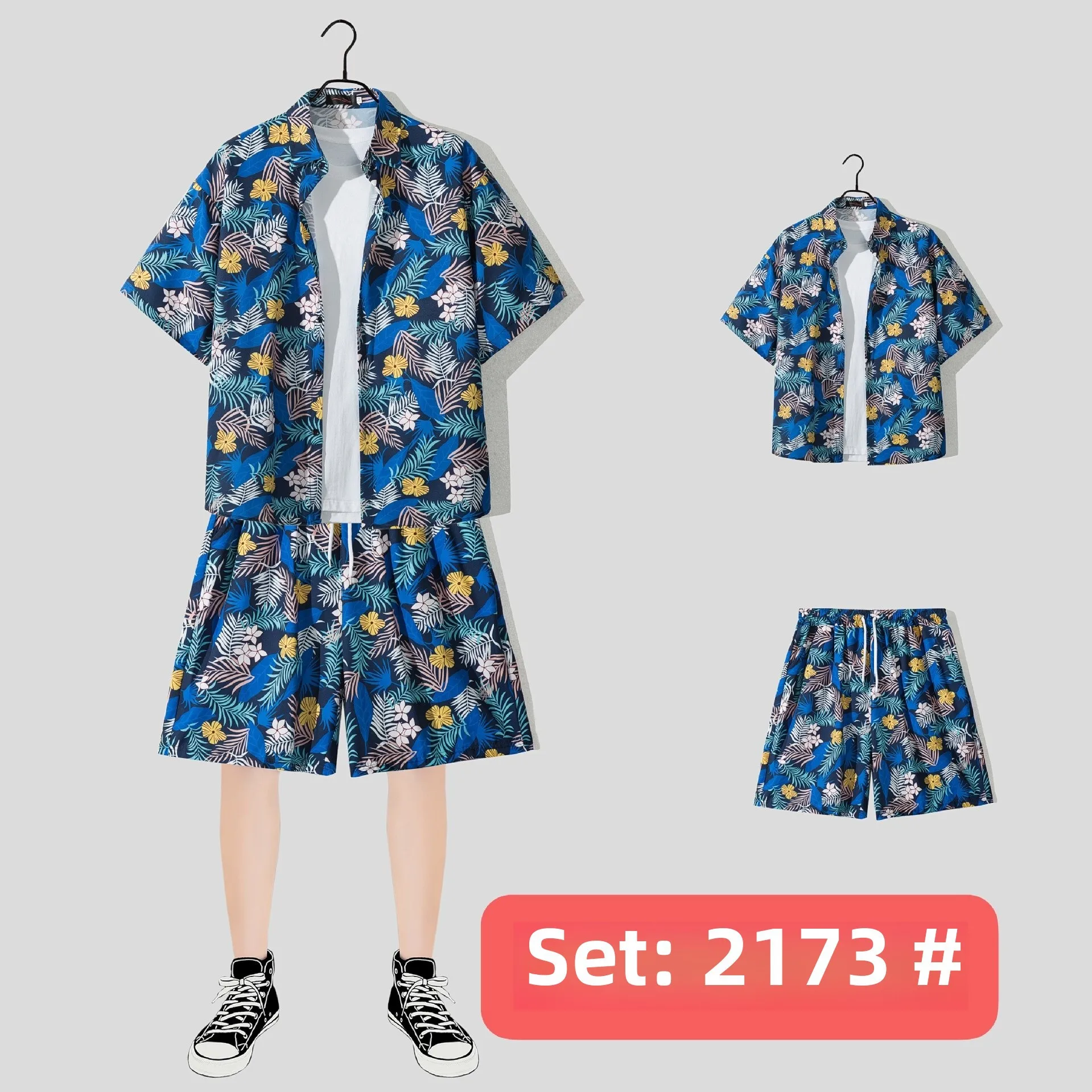 Casual Beach Suit Men's Summer Thin Loose Handsome Seaside Clothes Hawaiian Shorts Flower Shirt Two-piece Pack display picture 21