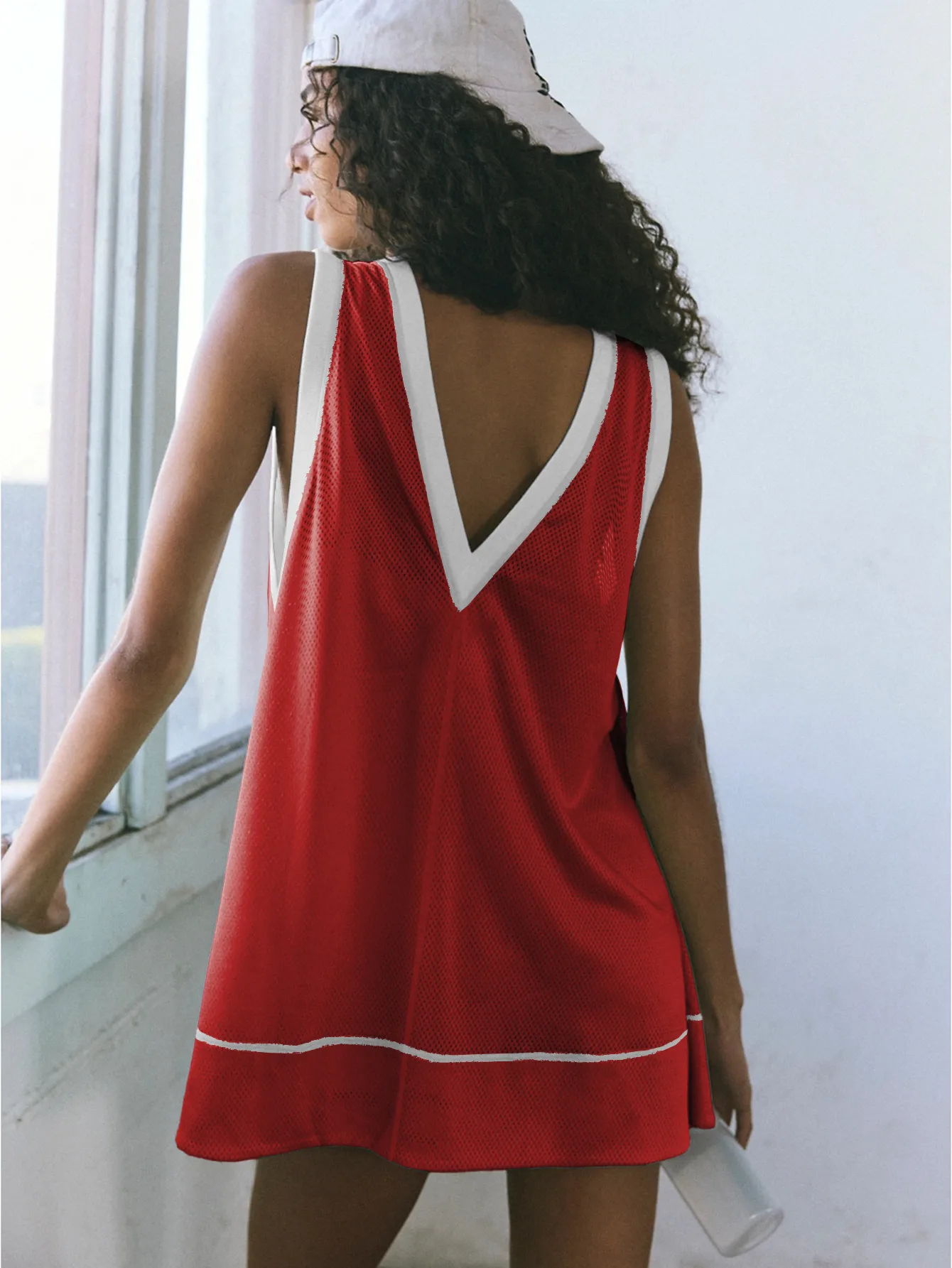 Summer   Style Contrast Color Hole Net Long Sleeveless Vest Light Transparent Pocket High Waist Shorts Two-Piece Set display picture 21