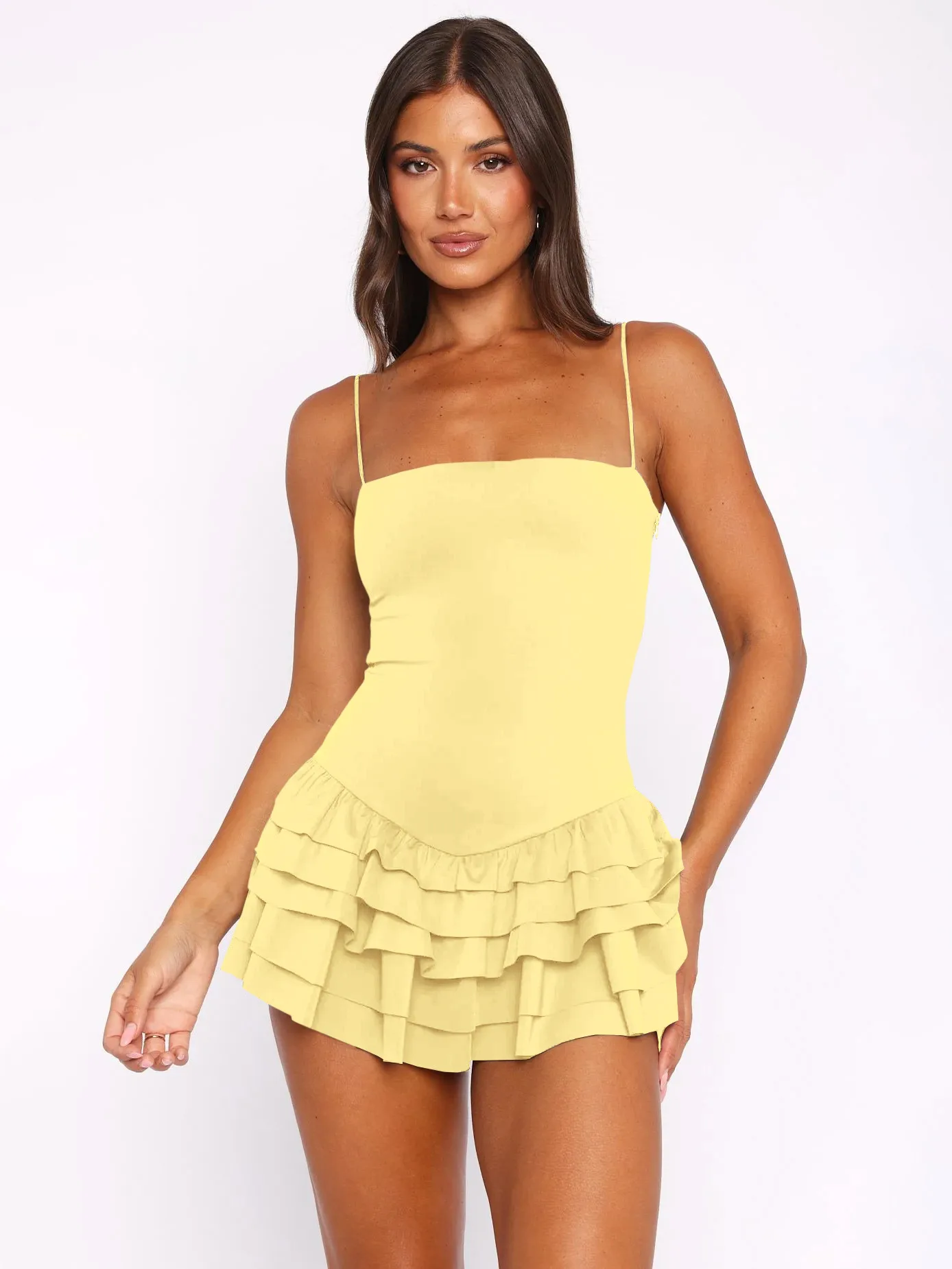 New   Ruffled Spaghetti Straps Dress Summer Short Skirt Vacation Skirt Anti-Emptied Pantskirt Women's Clothing display picture 2