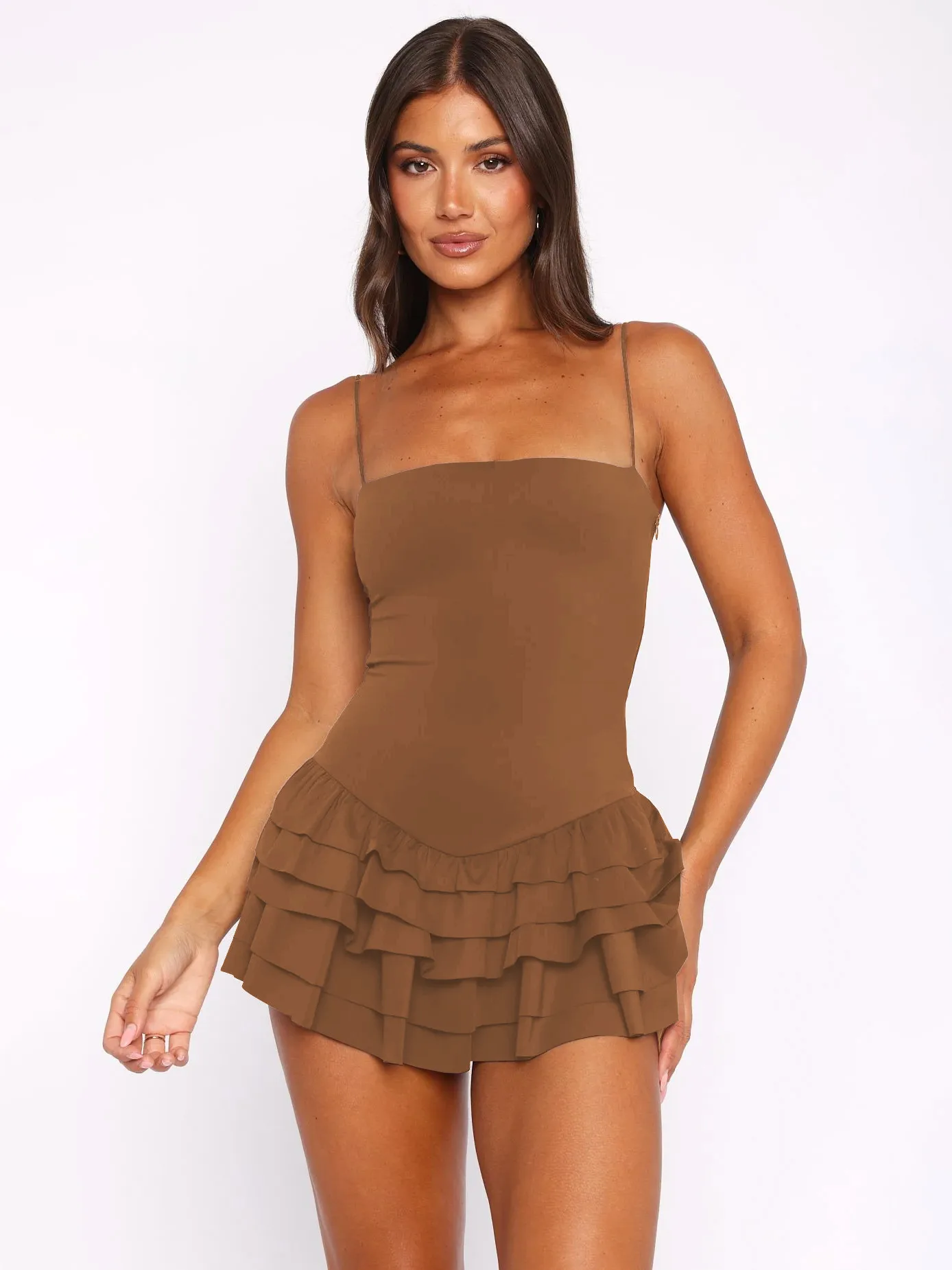 New   Ruffled Spaghetti Straps Dress Summer Short Skirt Vacation Skirt Anti-Emptied Pantskirt Women's Clothing display picture 8