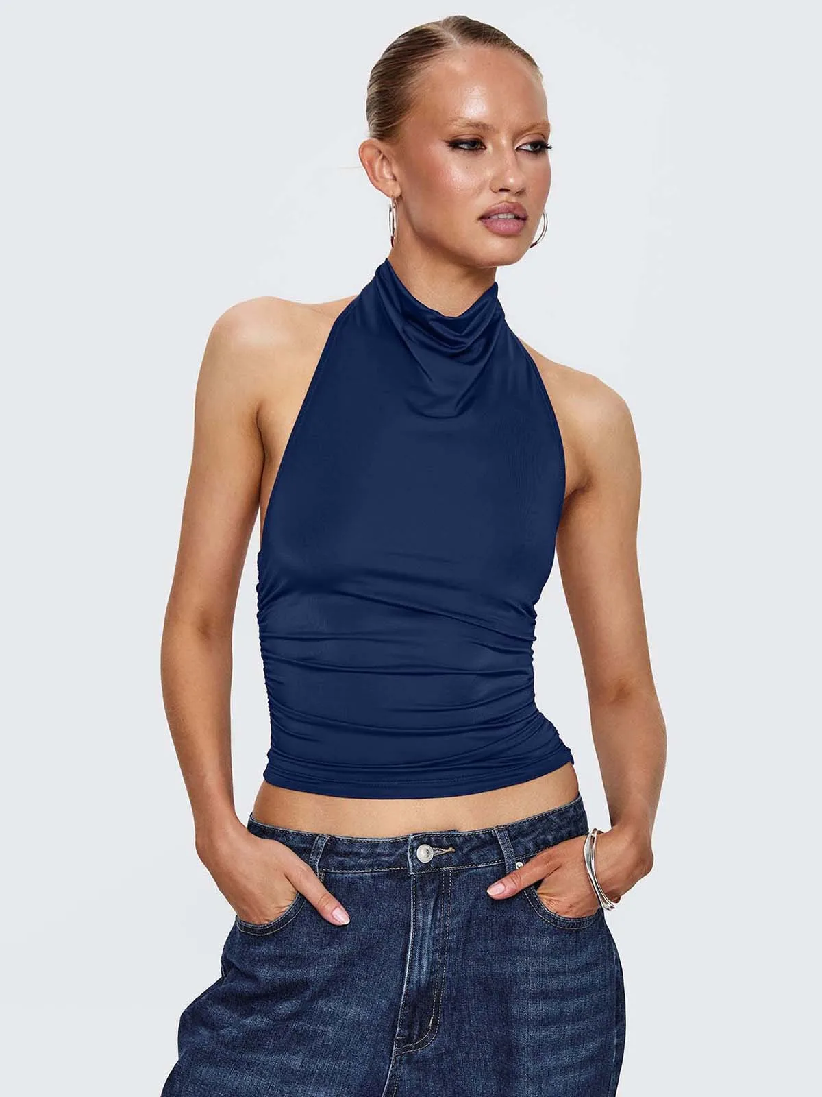 New Design Halter Button Sleeveless Vest Sexy Big Backless Slim Fit Outerwear Top Women display picture 3