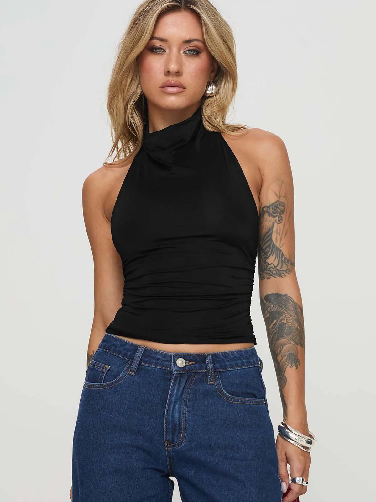 New Design Halter Button Sleeveless Vest Sexy Big Backless Slim Fit Outerwear Top Women display picture 15