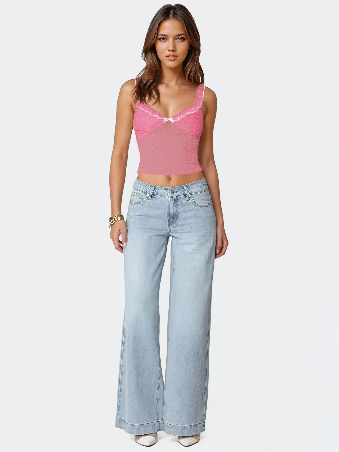 Explosions Mesh Stitching Lace Camisole Y2K Spice Girl Love Printed Outer Wear Short Top Women display picture 20