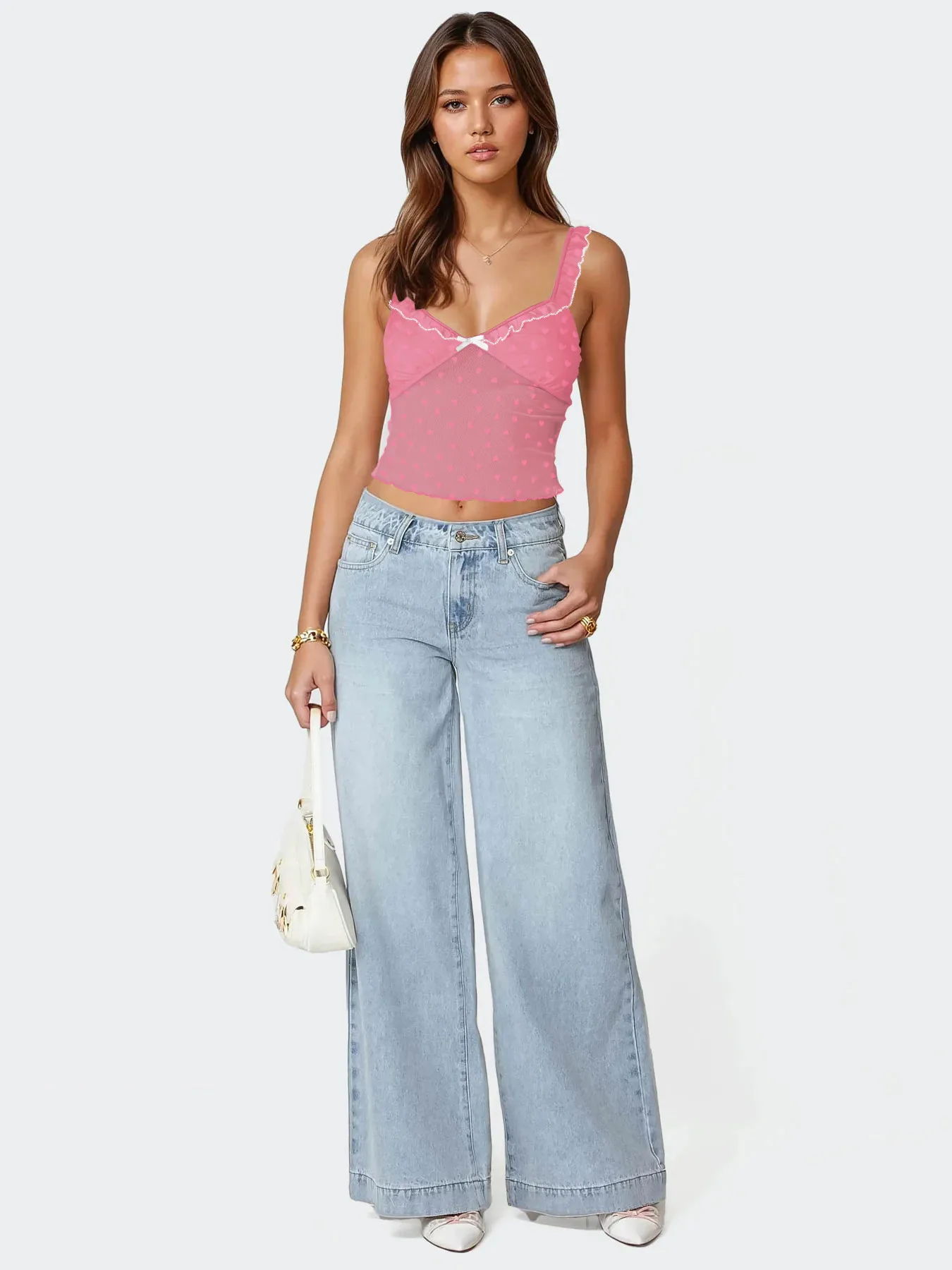 Explosions Mesh Stitching Lace Camisole Y2K Spice Girl Love Printed Outer Wear Short Top Women display picture 19