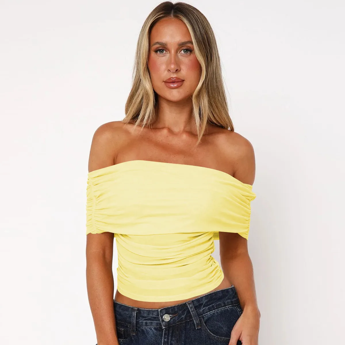 Style Hot Girl New Style Off-shoulder Pleated Sleeveless T-shirt American Niche Close-fitting Slim Off-shoulder Short Top display picture 2