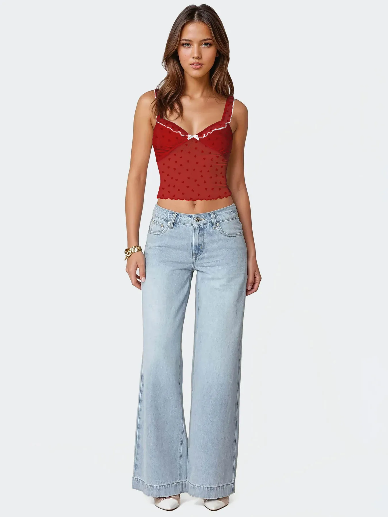 Explosions Mesh Stitching Lace Camisole Y2K Spice Girl Love Printed Outer Wear Short Top Women display picture 10