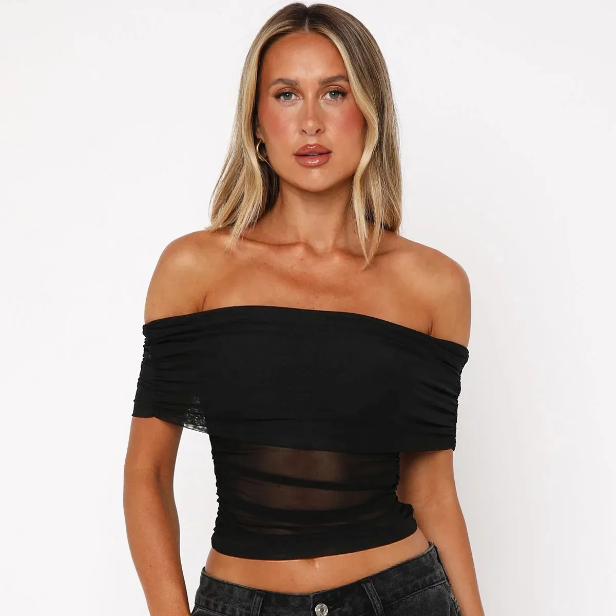 Style Hot Girl New Style Off-shoulder Pleated Sleeveless T-shirt American Niche Close-fitting Slim Off-shoulder Short Top display picture 8