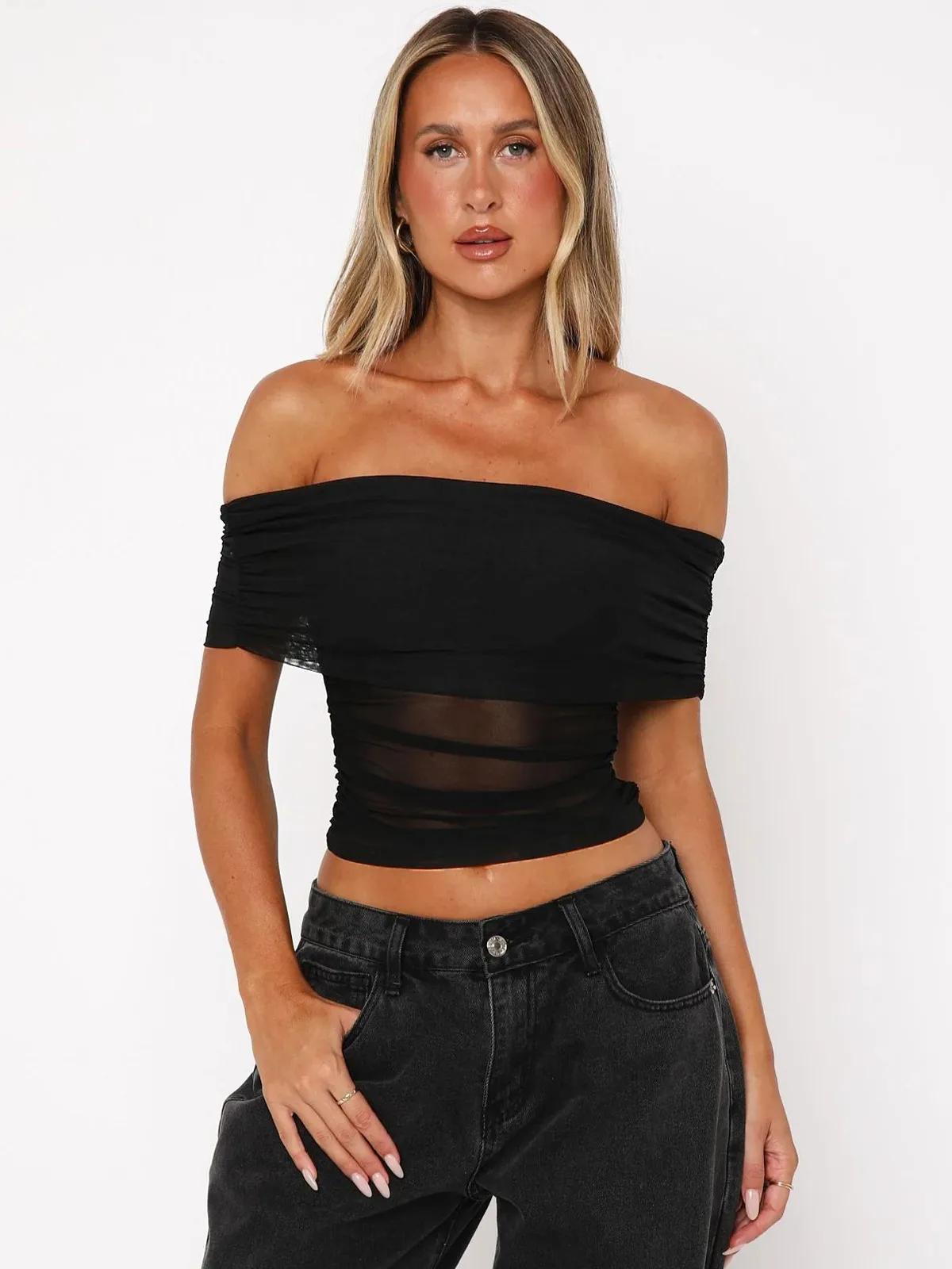 Style Hot Girl New Style Off-shoulder Pleated Sleeveless T-shirt American Niche Close-fitting Slim Off-shoulder Short Top display picture 9