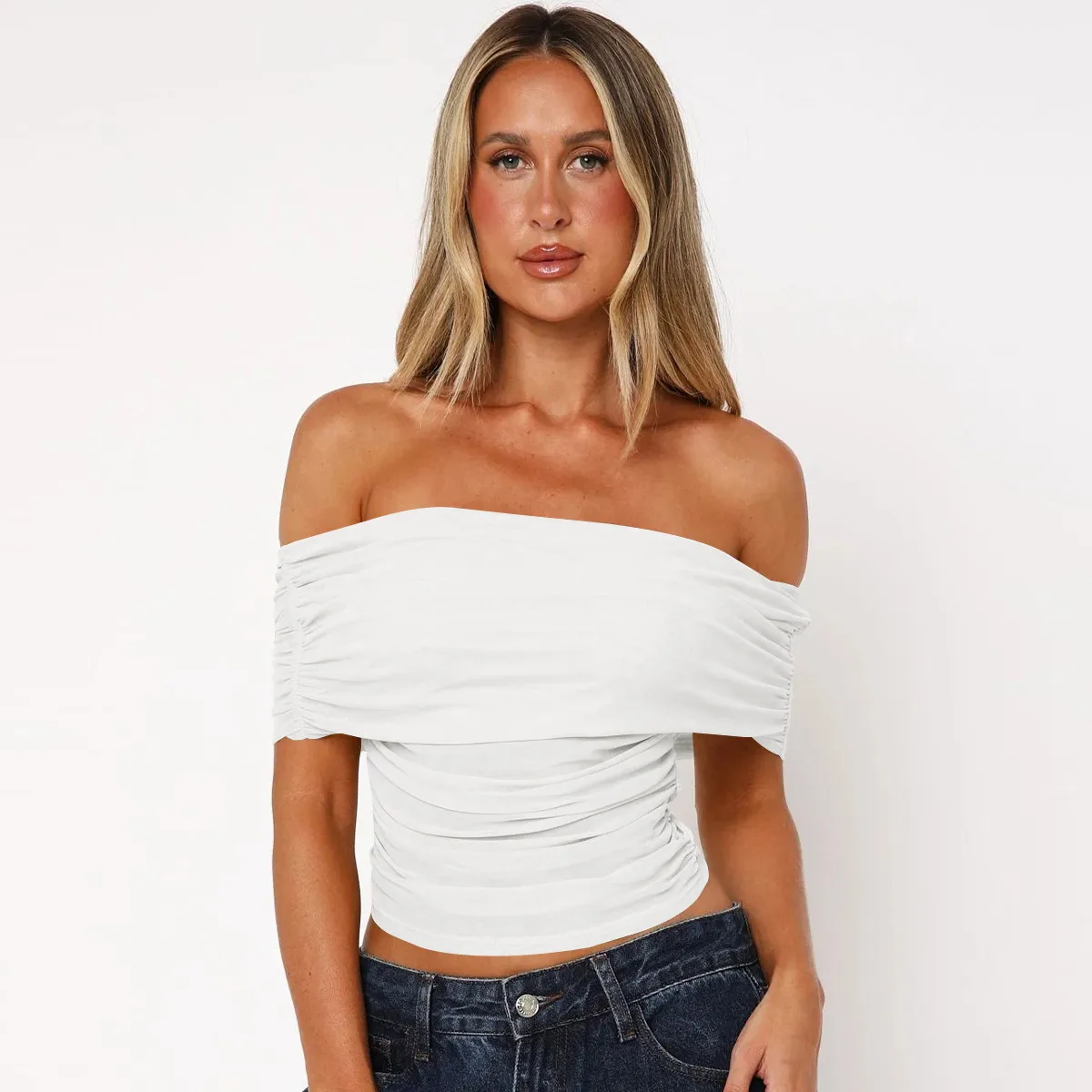 Style Hot Girl New Style Off-shoulder Pleated Sleeveless T-shirt American Niche Close-fitting Slim Off-shoulder Short Top display picture 13