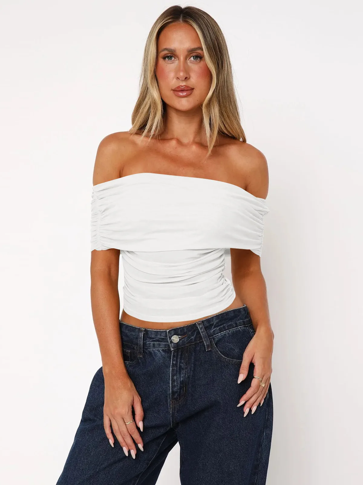 Style Hot Girl New Style Off-shoulder Pleated Sleeveless T-shirt American Niche Close-fitting Slim Off-shoulder Short Top display picture 15