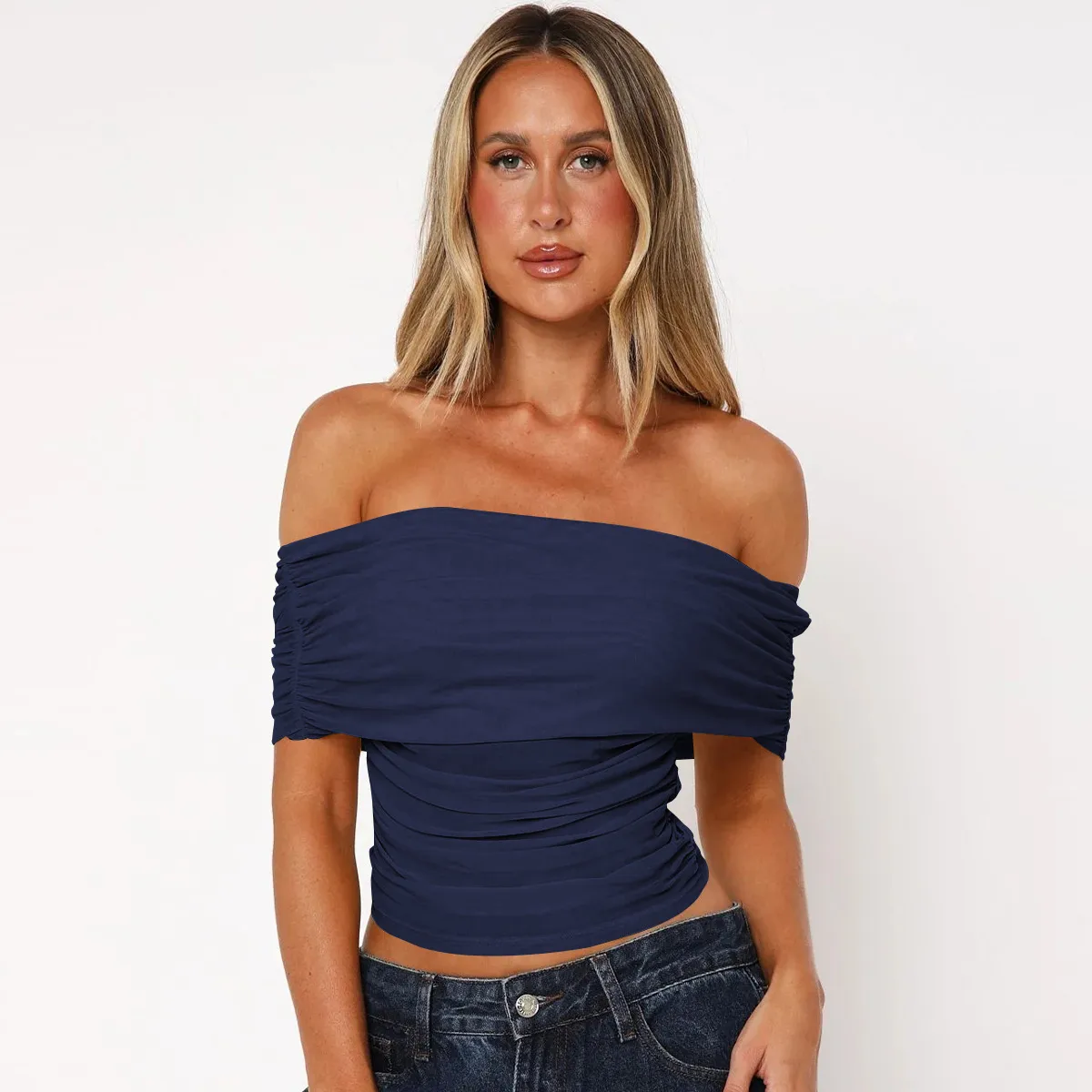 Style Hot Girl New Style Off-shoulder Pleated Sleeveless T-shirt American Niche Close-fitting Slim Off-shoulder Short Top display picture 19