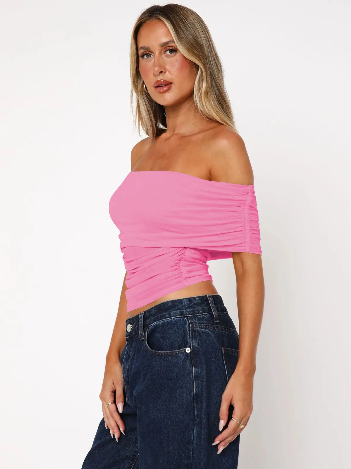 Style Hot Girl New Style Off-shoulder Pleated Sleeveless T-shirt American Niche Close-fitting Slim Off-shoulder Short Top display picture 29