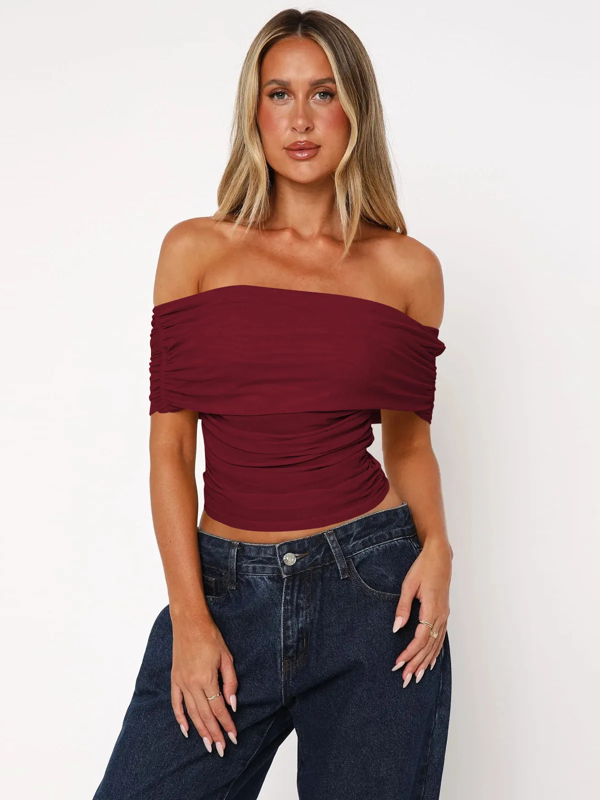 Style Hot Girl New Style Off-shoulder Pleated Sleeveless T-shirt American Niche Close-fitting Slim Off-shoulder Short Top display picture 31