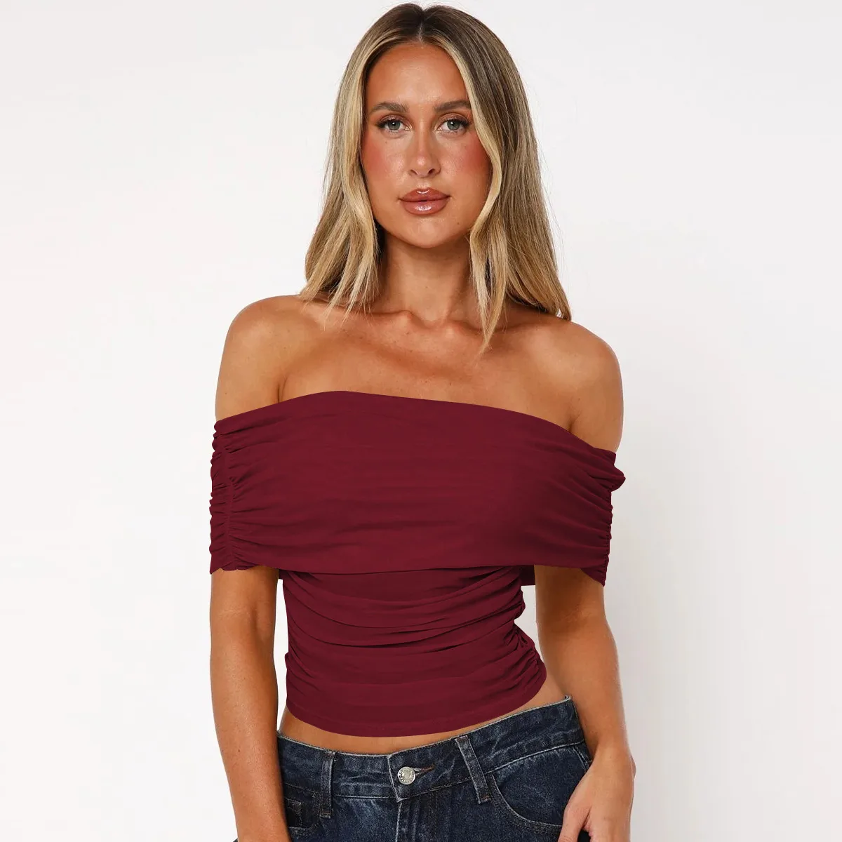 Style Hot Girl New Style Off-shoulder Pleated Sleeveless T-shirt American Niche Close-fitting Slim Off-shoulder Short Top display picture 33