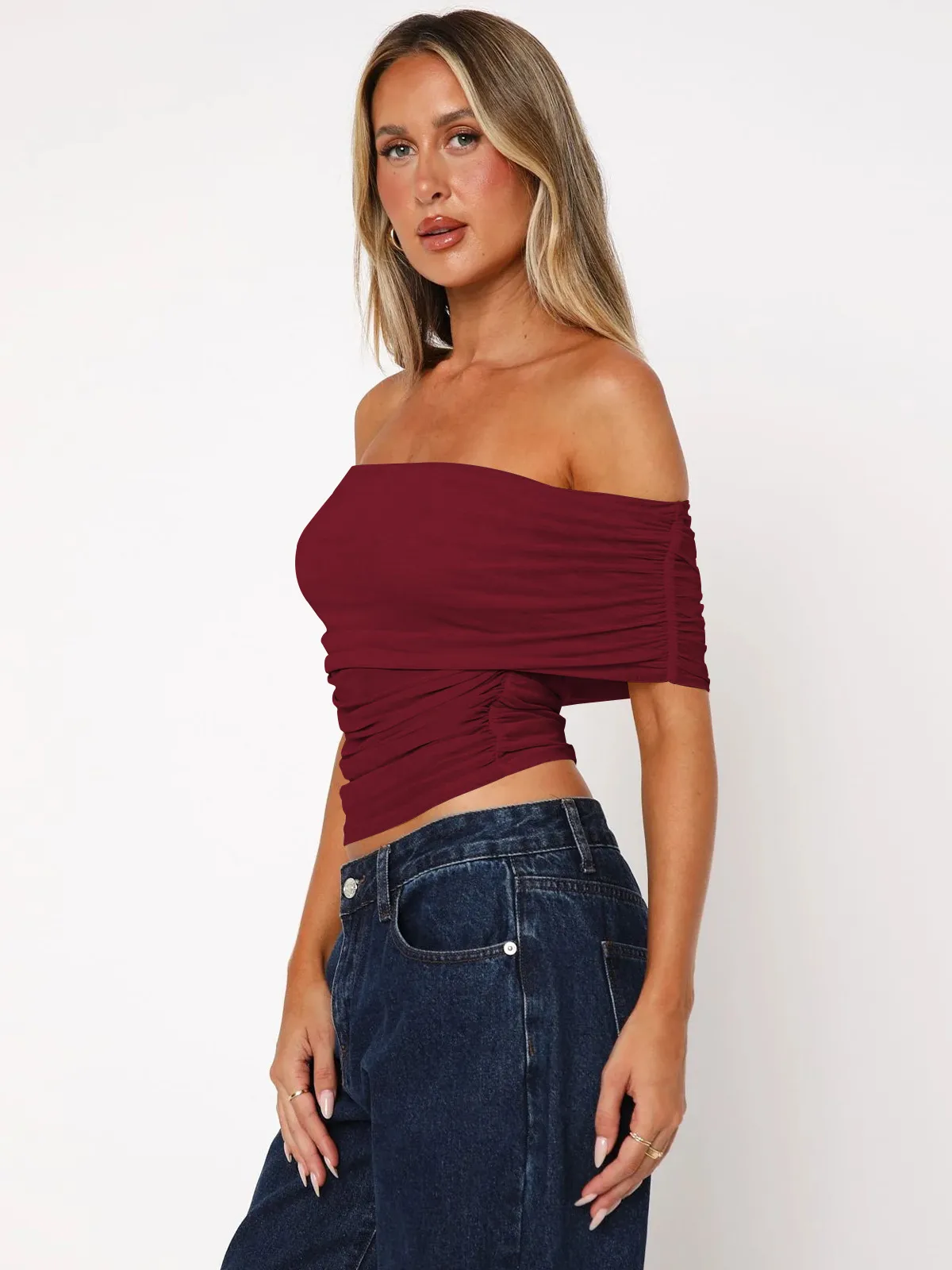 Style Hot Girl New Style Off-shoulder Pleated Sleeveless T-shirt American Niche Close-fitting Slim Off-shoulder Short Top display picture 35