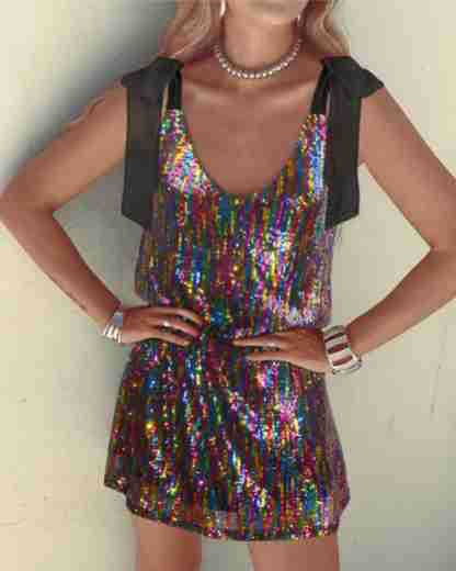 New V-neck Sequined Lace-up Dress High-Grade Hot Girl Sequin Baggy Tank Dress display picture 22