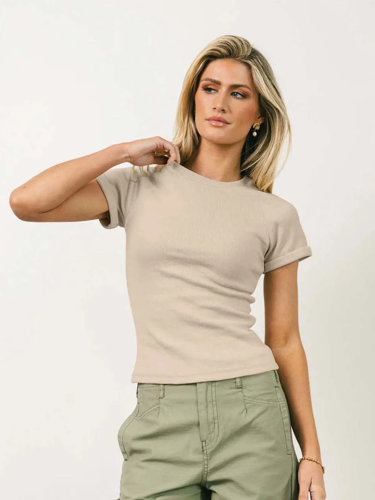 Foreign Trade New Solid Color Knitted Round Neck Shoulder Short Sleeve T-shirt Y2g Hot Girl Style Slim Fit Slim Fit Versatile Top display picture 6