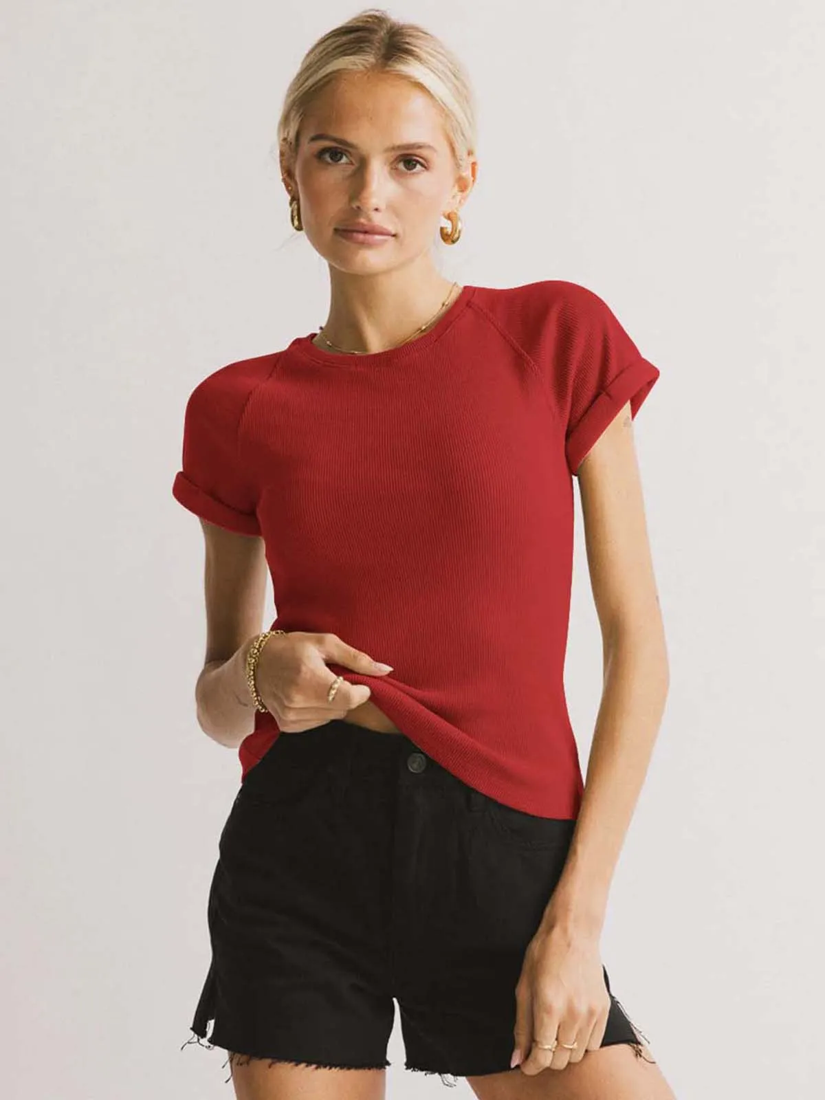 Foreign Trade New Solid Color Knitted Round Neck Shoulder Short Sleeve T-shirt Y2g Hot Girl Style Slim Fit Slim Fit Versatile Top display picture 10