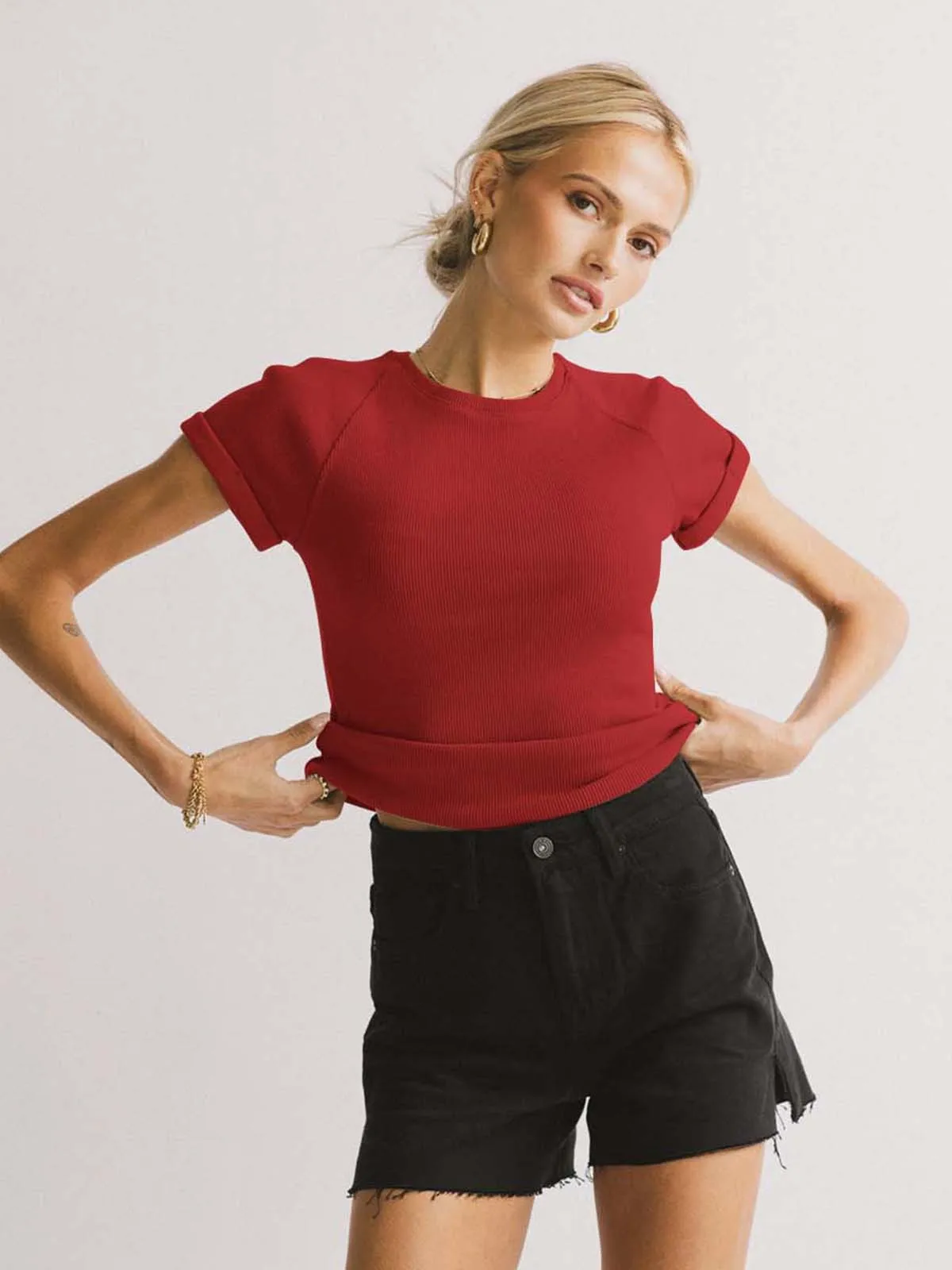 Foreign Trade New Solid Color Knitted Round Neck Shoulder Short Sleeve T-shirt Y2g Hot Girl Style Slim Fit Slim Fit Versatile Top display picture 11