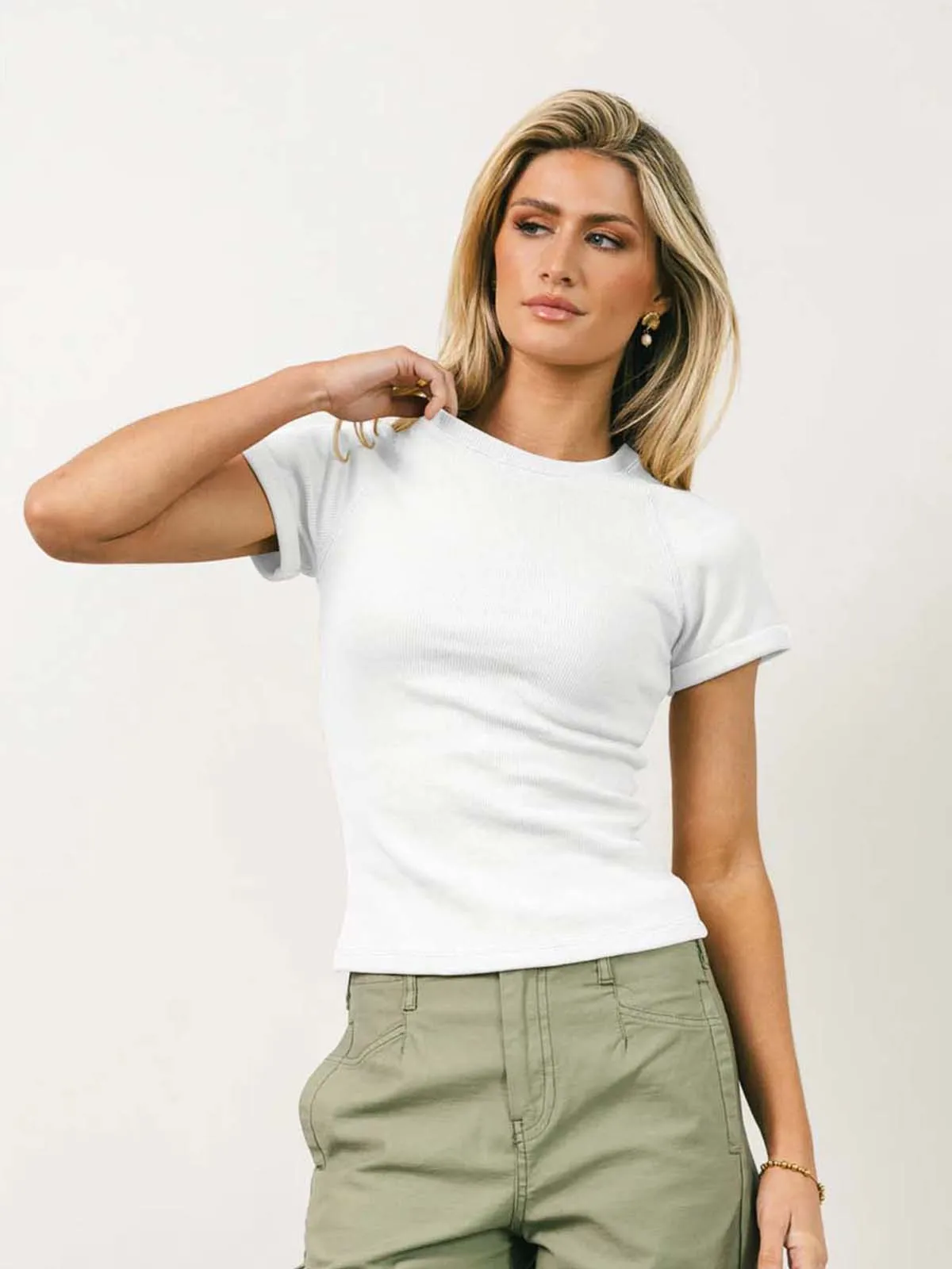 Foreign Trade New Solid Color Knitted Round Neck Shoulder Short Sleeve T-shirt Y2g Hot Girl Style Slim Fit Slim Fit Versatile Top display picture 16
