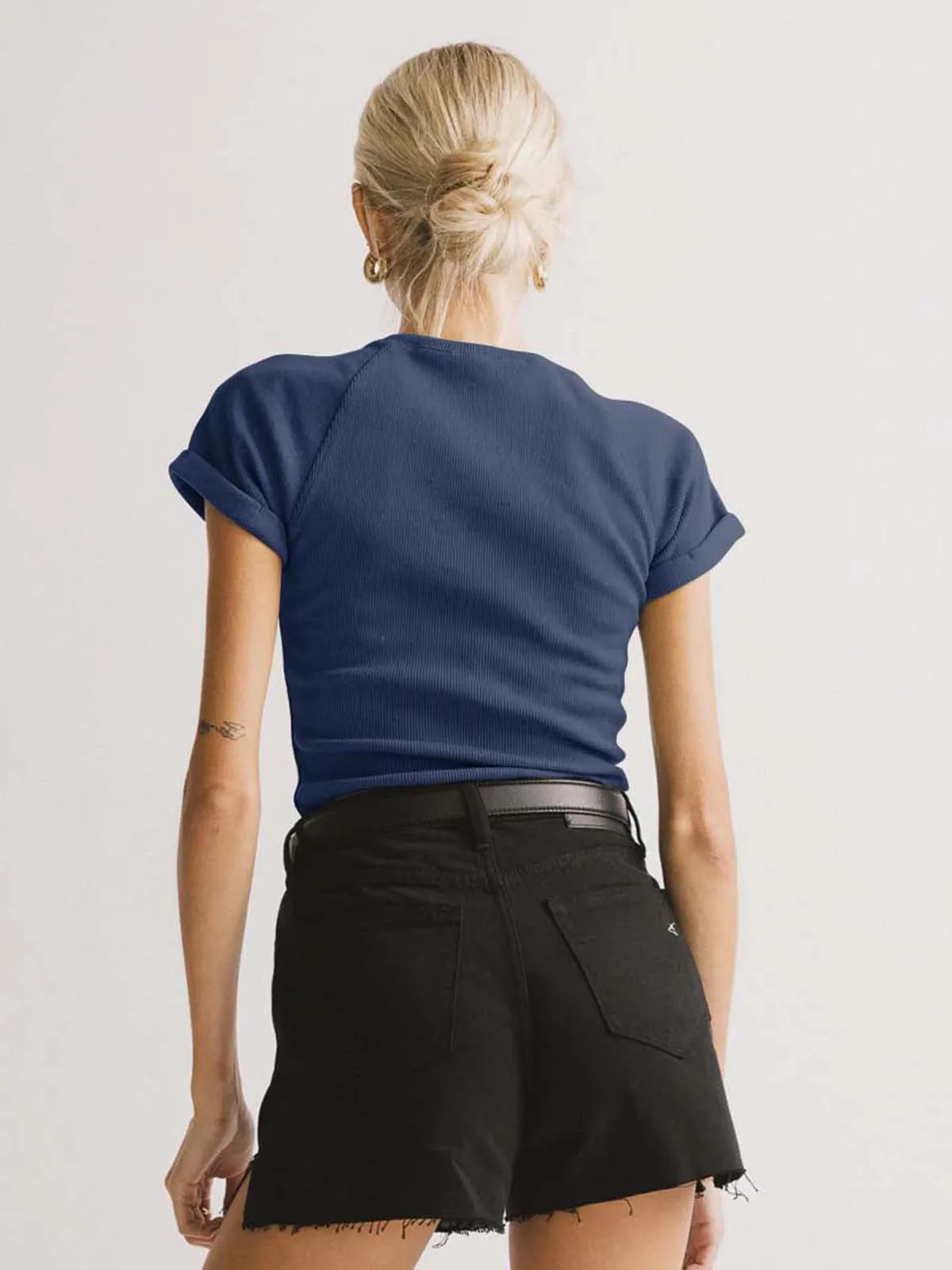 Foreign Trade New Solid Color Knitted Round Neck Shoulder Short Sleeve T-shirt Y2g Hot Girl Style Slim Fit Slim Fit Versatile Top display picture 37