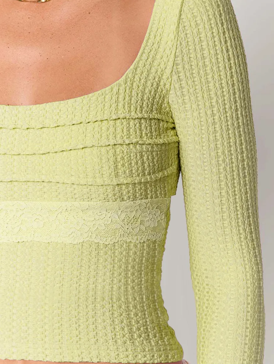 Style  Early Autumn Lace Stitching Back Strap Square Collar Long Sleeve T-shirt Sweet Hot Girl Trendy Slim Top display picture 11