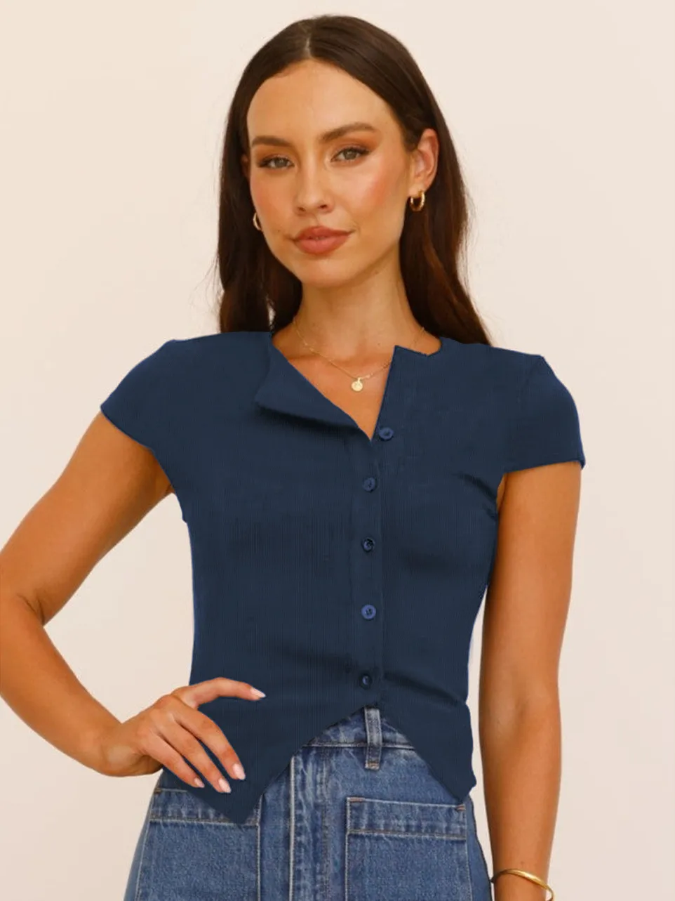 Style New Hot Girl Knitted Button V-neck Short-Sleeved T-shirt Slim Fit Slimming Irregular Design Versatile Top display picture 14