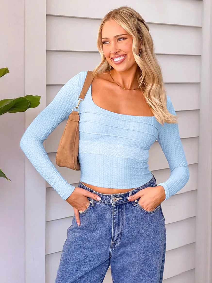 Style  Early Autumn Lace Stitching Back Strap Square Collar Long Sleeve T-shirt Sweet Hot Girl Trendy Slim Top display picture 23