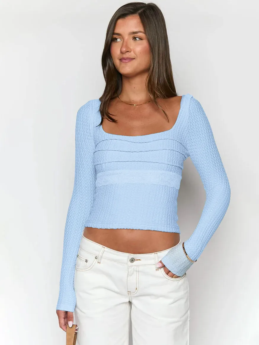 Style  Early Autumn Lace Stitching Back Strap Square Collar Long Sleeve T-shirt Sweet Hot Girl Trendy Slim Top display picture 24