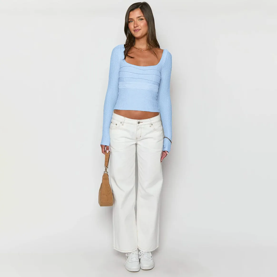 Style  Early Autumn Lace Stitching Back Strap Square Collar Long Sleeve T-shirt Sweet Hot Girl Trendy Slim Top display picture 30
